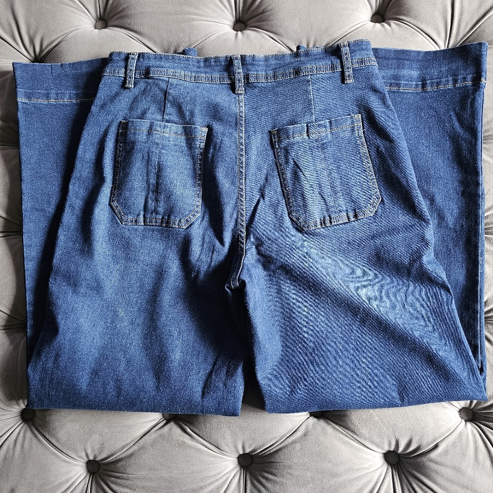 Wide Leg High Waisted Stretchy Jeans Dark Wash Sz XL - Picture 3 of 5